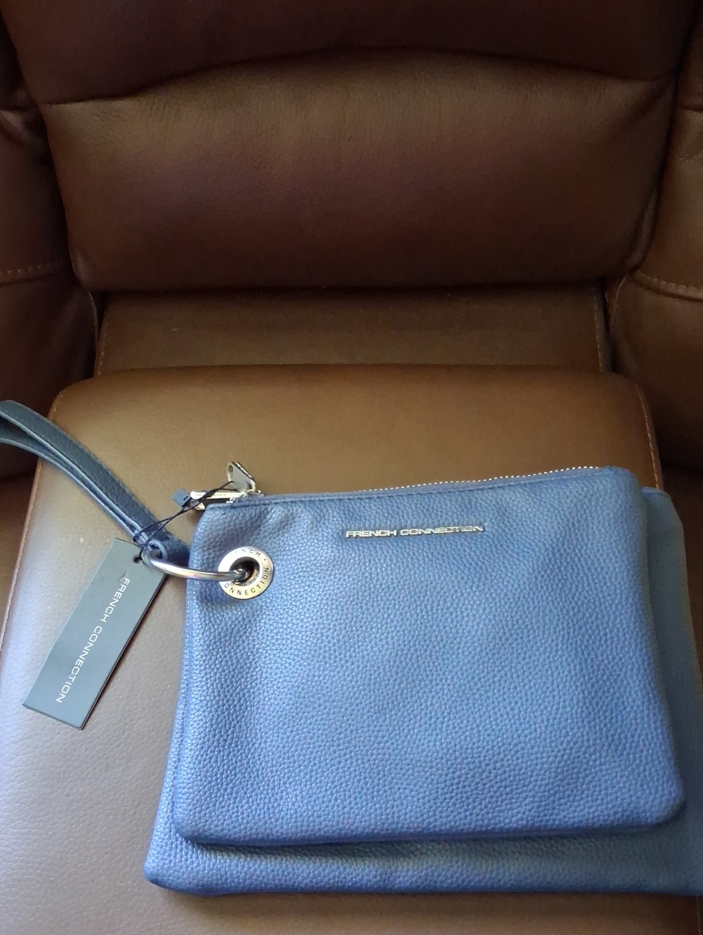 French Connection Blue Pebbled Leather Wristlet Clutch
